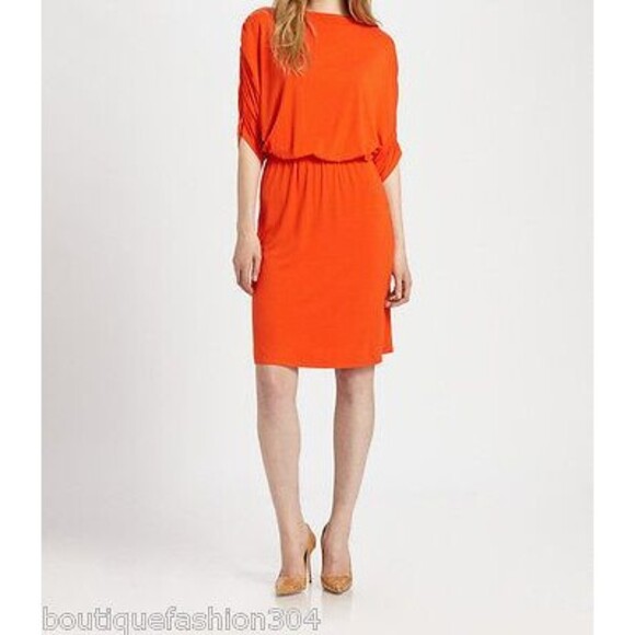 New $495 NWT Womens Josie Natori Dress Orange Jersey Small Ruched Designer Isla - Picture 1 of 6